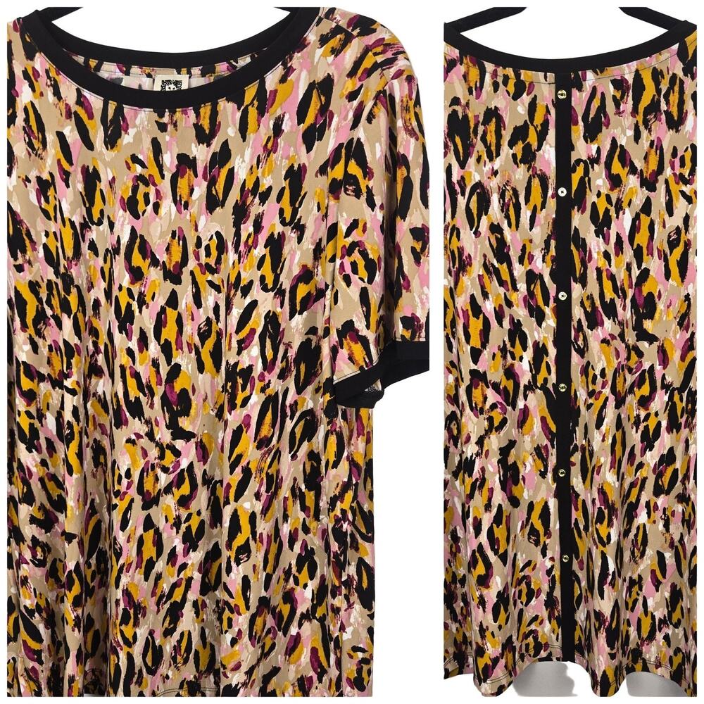 Anne Klein Leopard Print Top 1X Marigold Multi Short Sleeve Button Back MOBWIFE